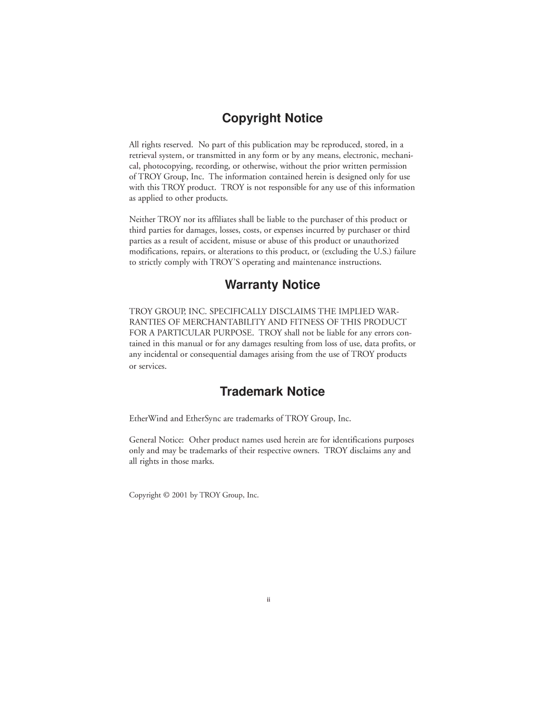 TROY Group 802.11b manual Copyright Notice 