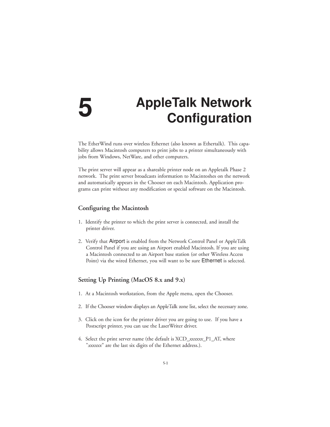 TROY Group 802.11b manual AppleTalk Network, Configuration, Configuring the Macintosh, Setting Up Printing MacOS 8.x 