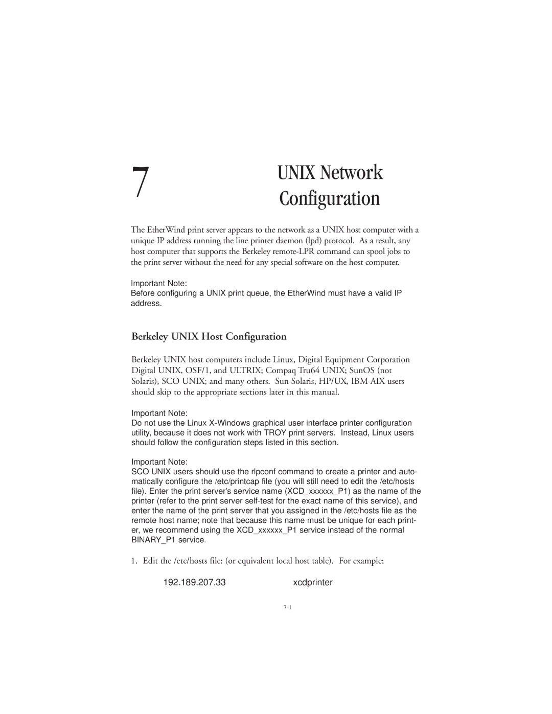 TROY Group 802.11b manual Unix Network, Berkeley Unix Host Configuration, 192.189.207.33xcdprinter 