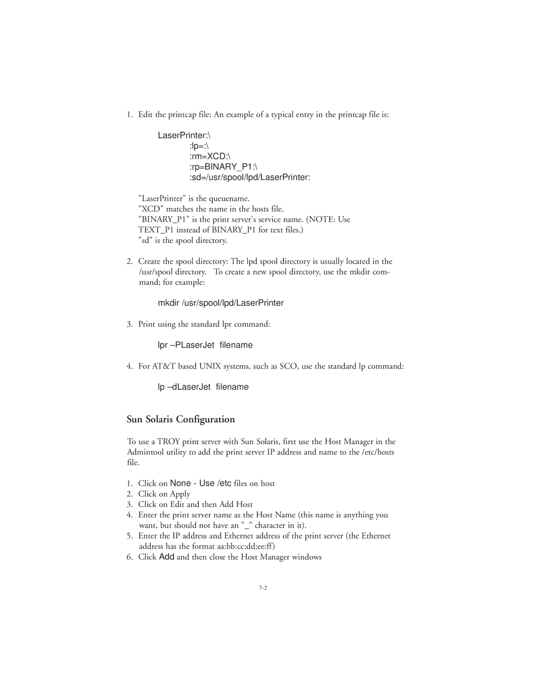 TROY Group 802.11b manual Sun Solaris Configuration, LaserPrinter\ Lp=, Mkdir /usr/spool/lpd/LaserPrinter 