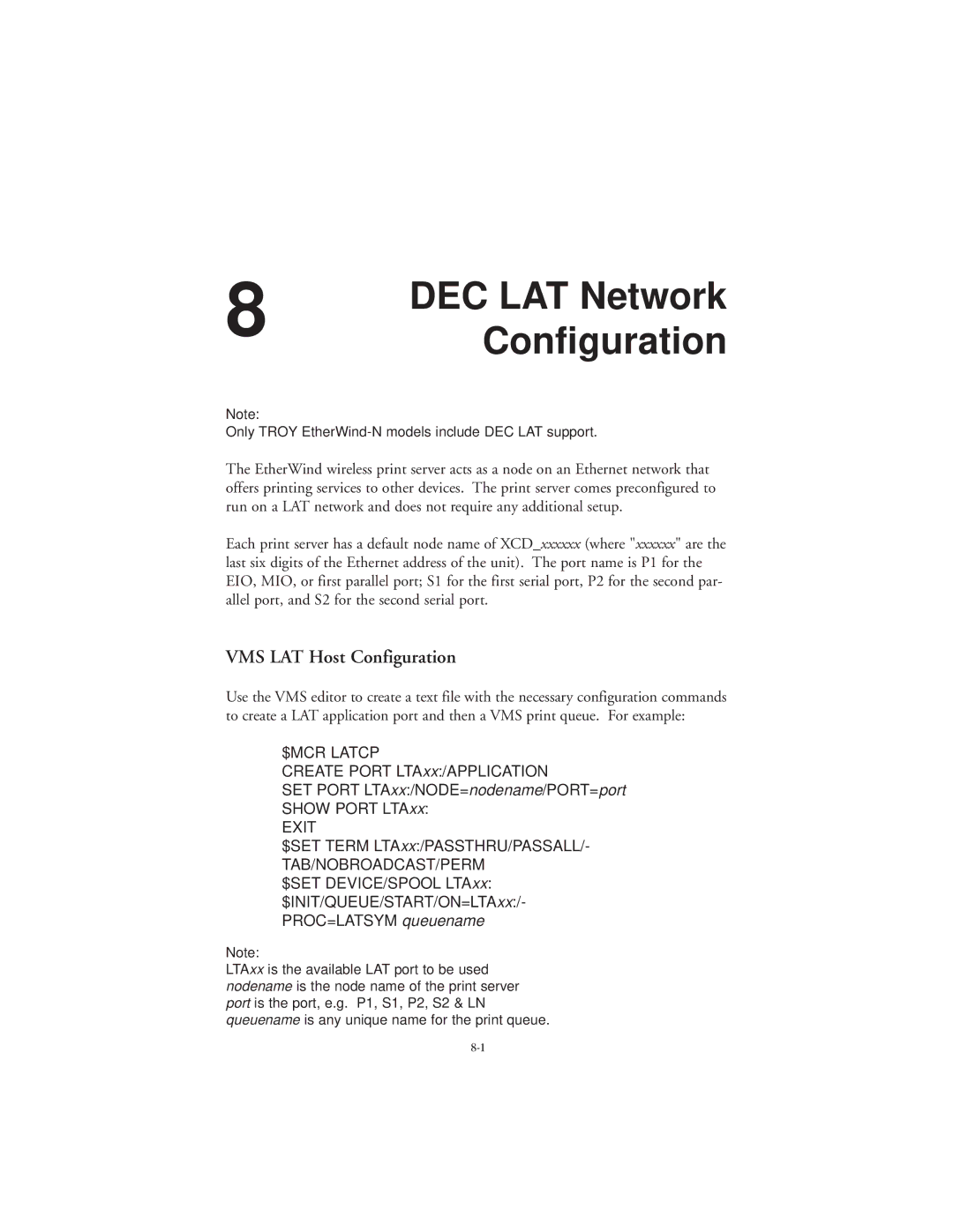 TROY Group 802.11b manual DEC LAT Network, VMS LAT Host Configuration, $SET Term LTAxx/PASSTHRU/PASSALL 