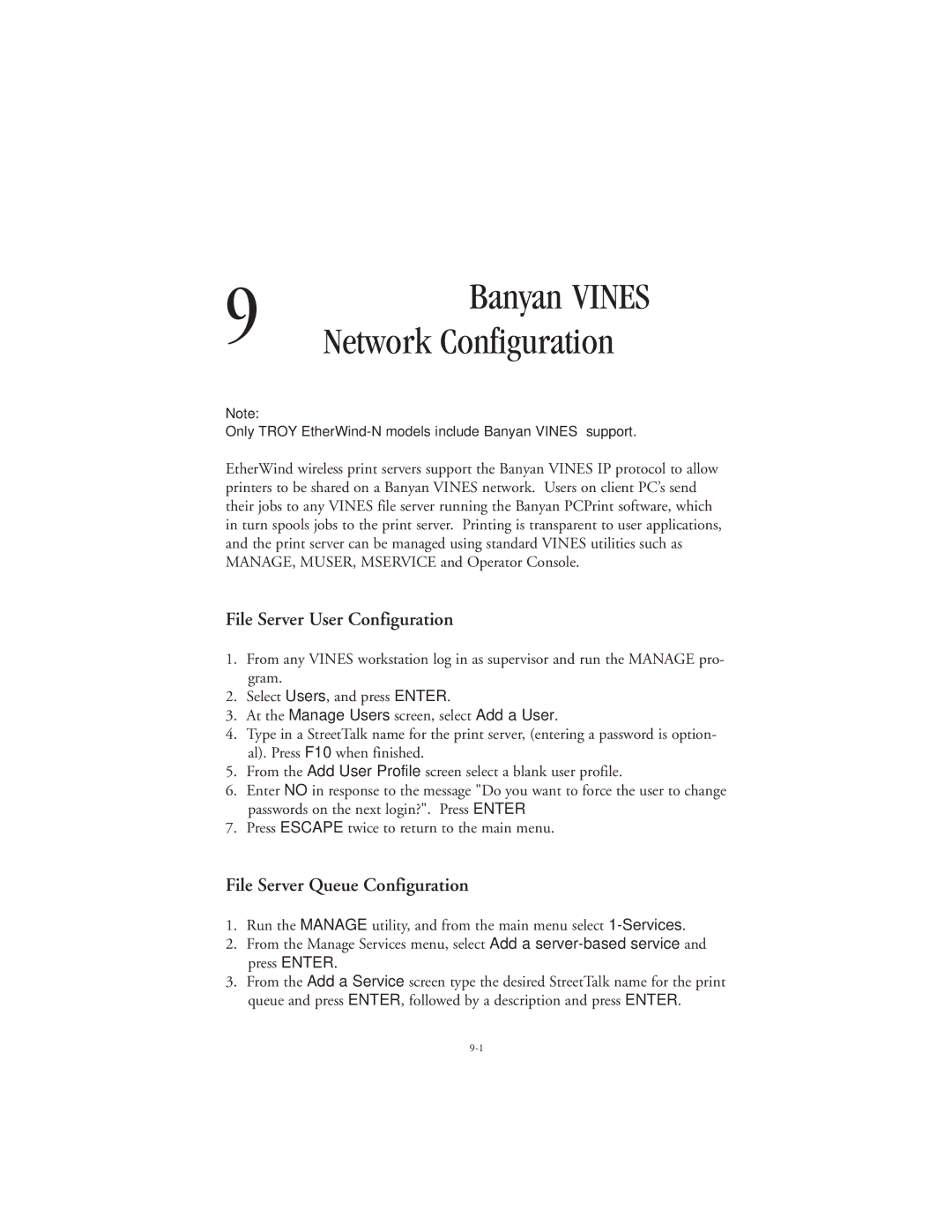 TROY Group 802.11b manual Banyan Vines, File Server User Configuration, File Server Queue Configuration 