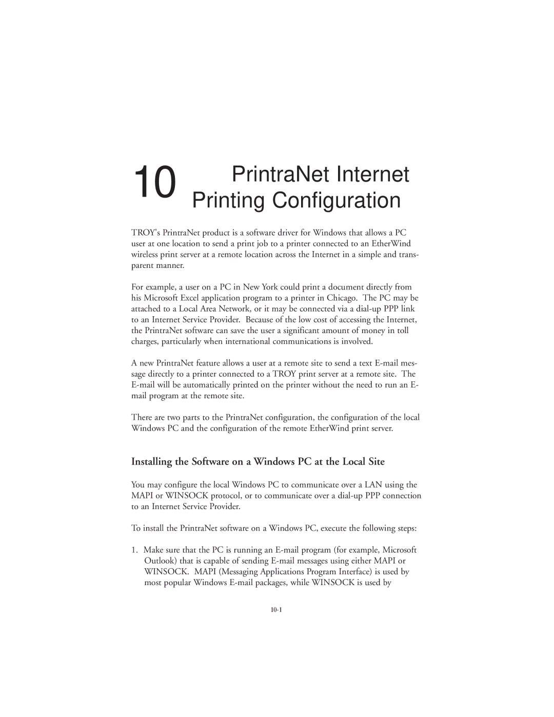 TROY Group 802.11b PrintraNet Internet, Printing Configuration, Installing the Software on a Windows PC at the Local Site 