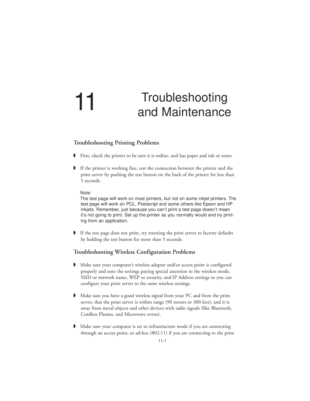 TROY Group 802.11b manual Troubleshooting and Maintenance, Troubleshooting Printing Problems 