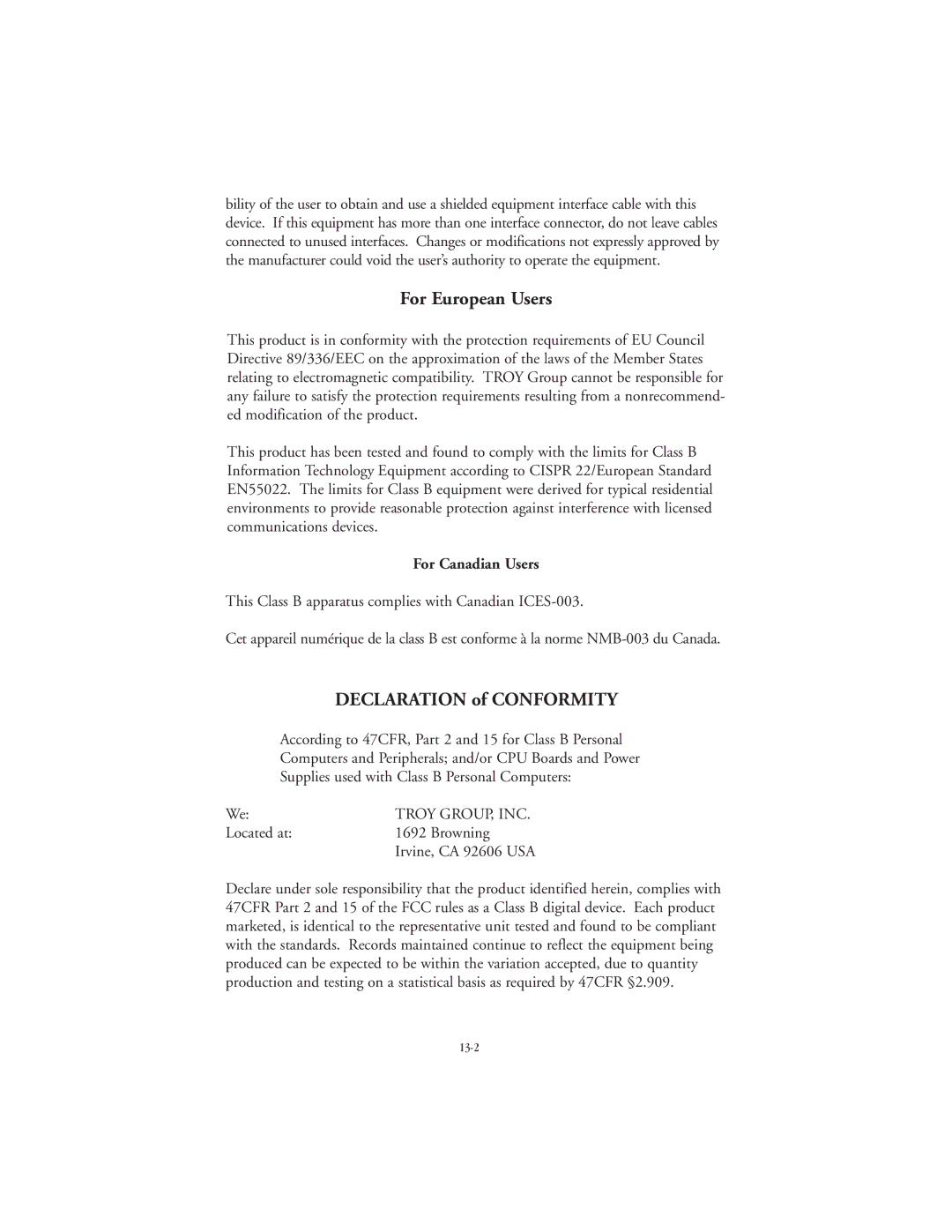 TROY Group 802.11b manual For European Users, Declaration of Conformity 