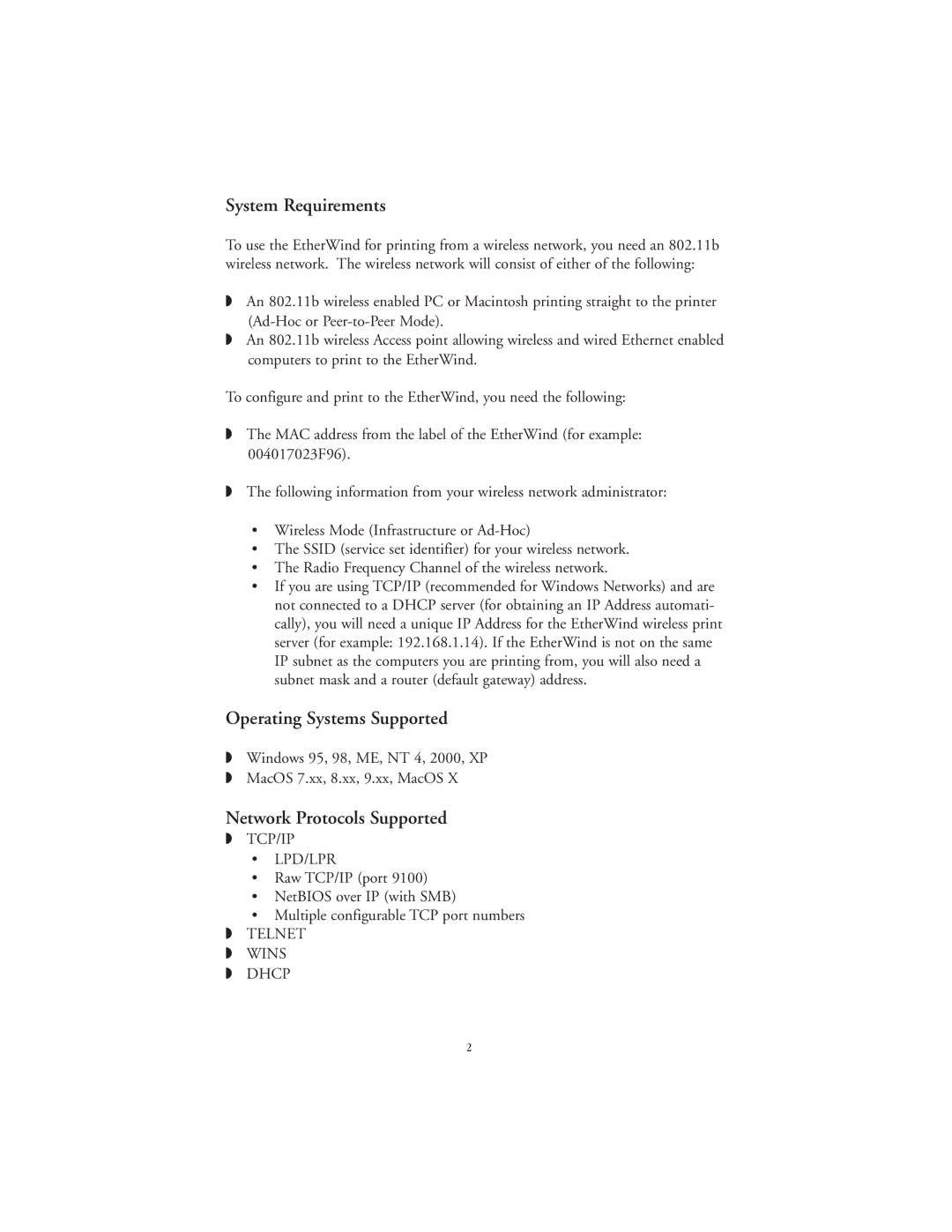 TROY Group 802.11b manual System Requirements, Operating Systems Supported, Network Protocols Supported 