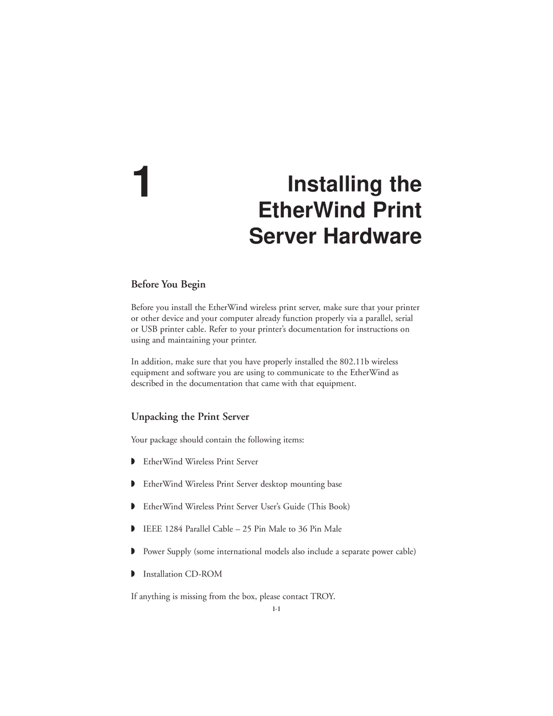 TROY Group 802.11b manual Installing EtherWind Print Server Hardware, Before You Begin, Unpacking the Print Server 