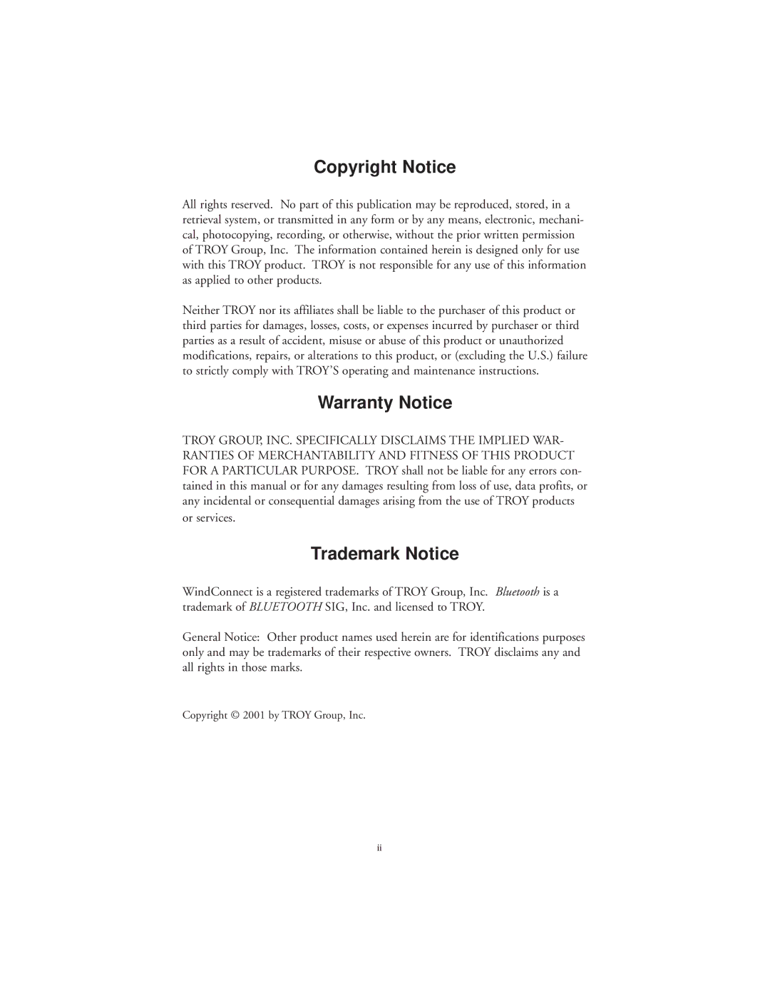 TROY Group Bluetooth Print Adapter manual Copyright Notice 