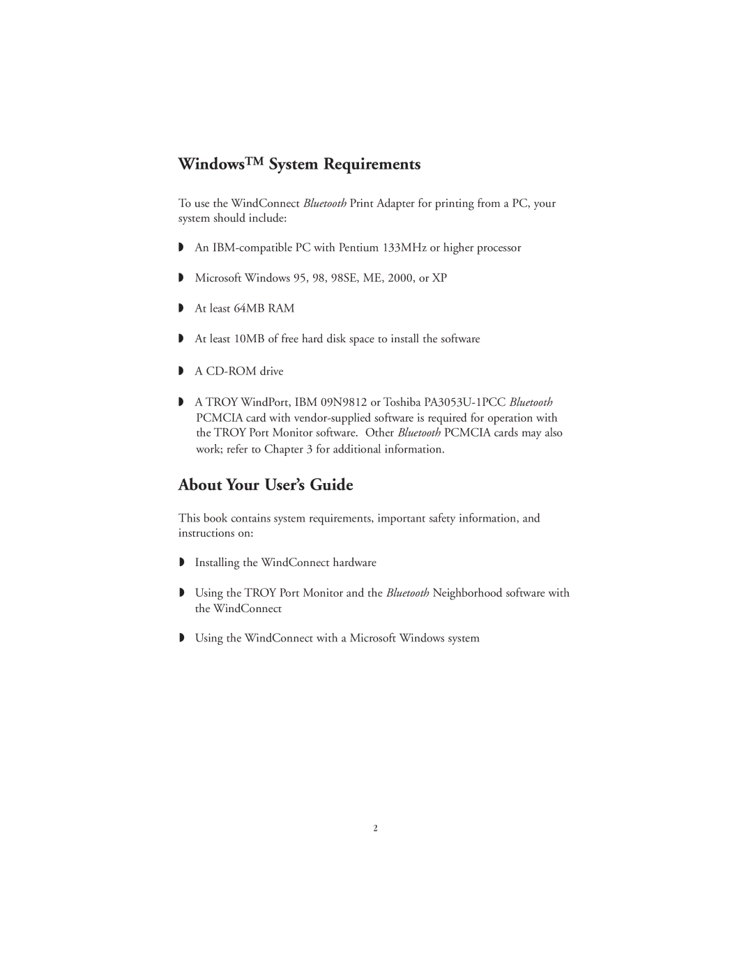 TROY Group Bluetooth Print Adapter manual WindowsTM System Requirements 