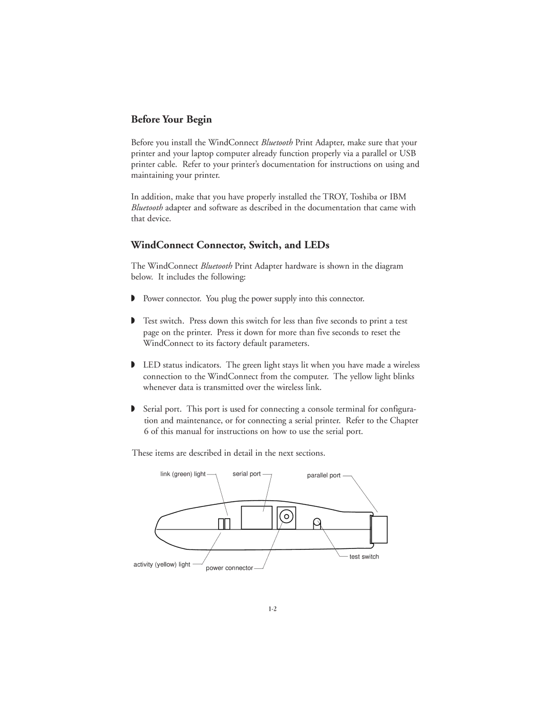 TROY Group Bluetooth Print Adapter manual Before Your Begin, WindConnect Connector, Switch, and LEDs 