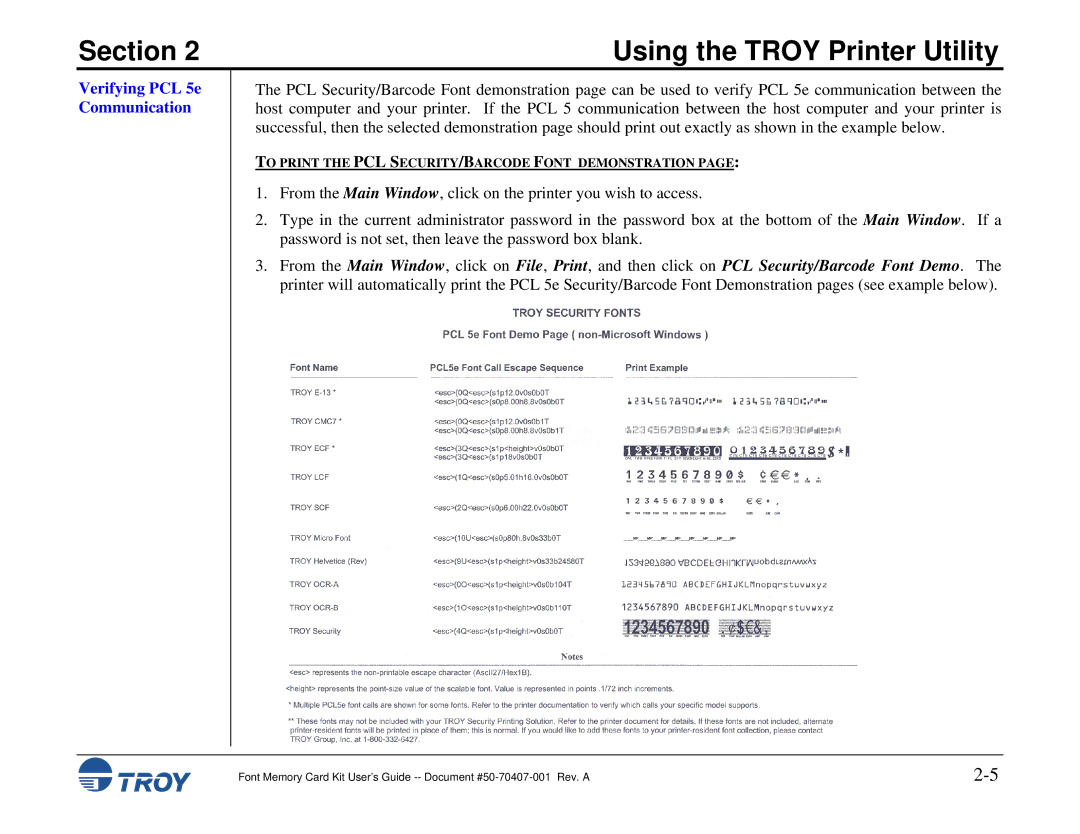 TROY Group Font Memory Card Kit manual Verifying PCL 5e Communication 