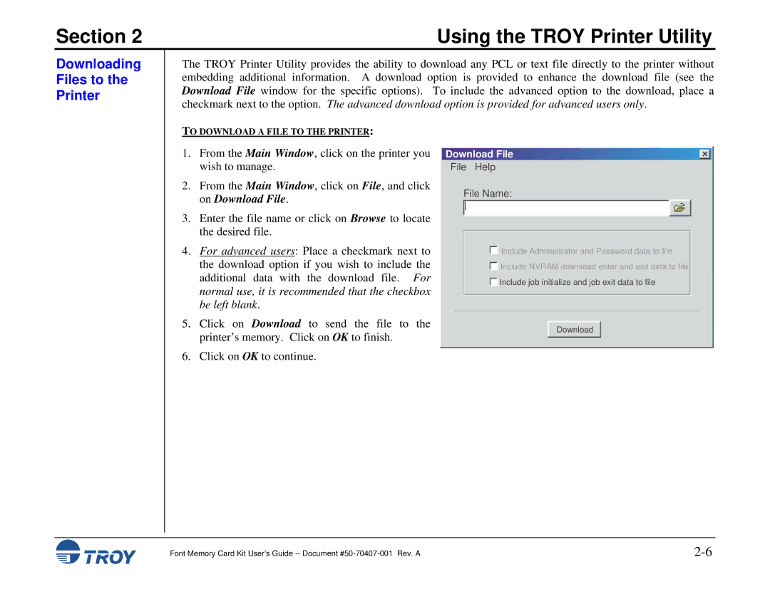 TROY Group Font Memory Card Kit manual Downloading Files to the Printer, Download File 