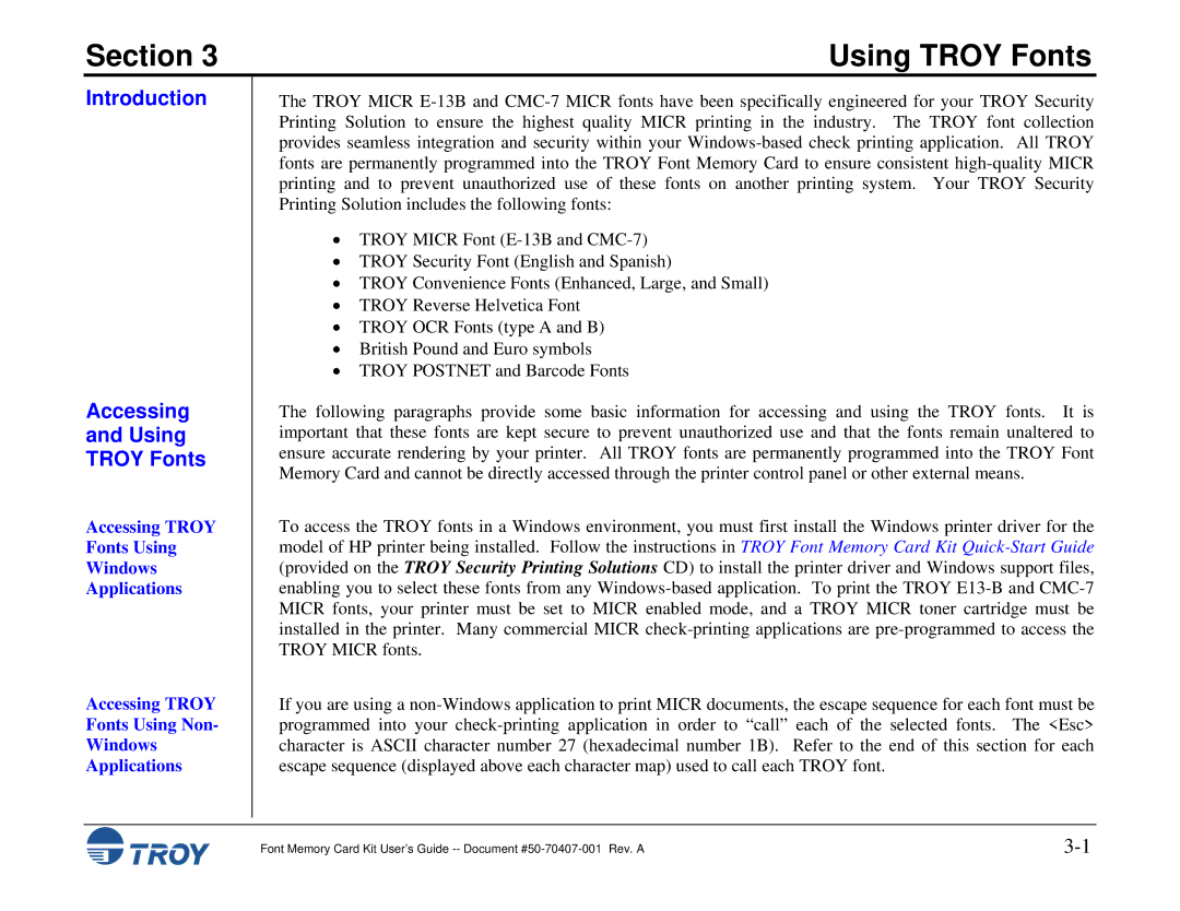 TROY Group Font Memory Card Kit manual Introduction Accessing Using Troy Fonts 