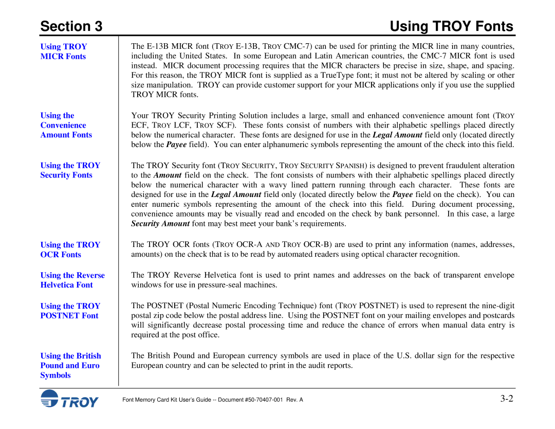 TROY Group Font Memory Card Kit manual Section 