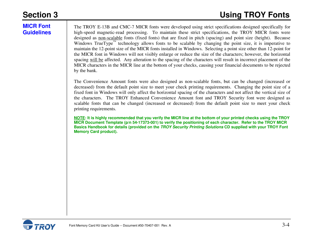 TROY Group Font Memory Card Kit manual Micr Font Guidelines 