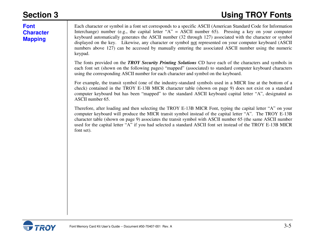 TROY Group Font Memory Card Kit manual Font Character Mapping 