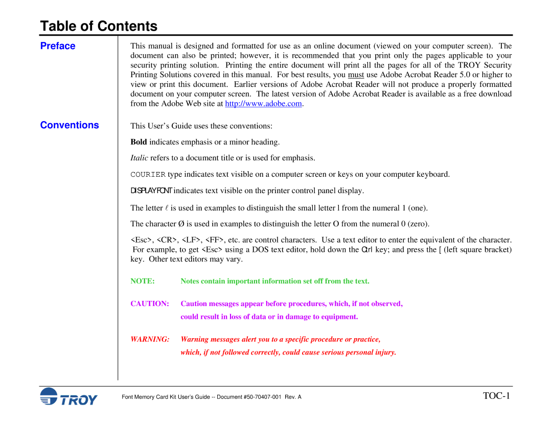 TROY Group Font Memory Card Kit manual Table of Contents 