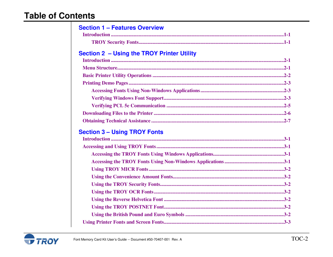 TROY Group Font Memory Card Kit manual Features Overview, Using the Troy Printer Utility, Using Troy Fonts 