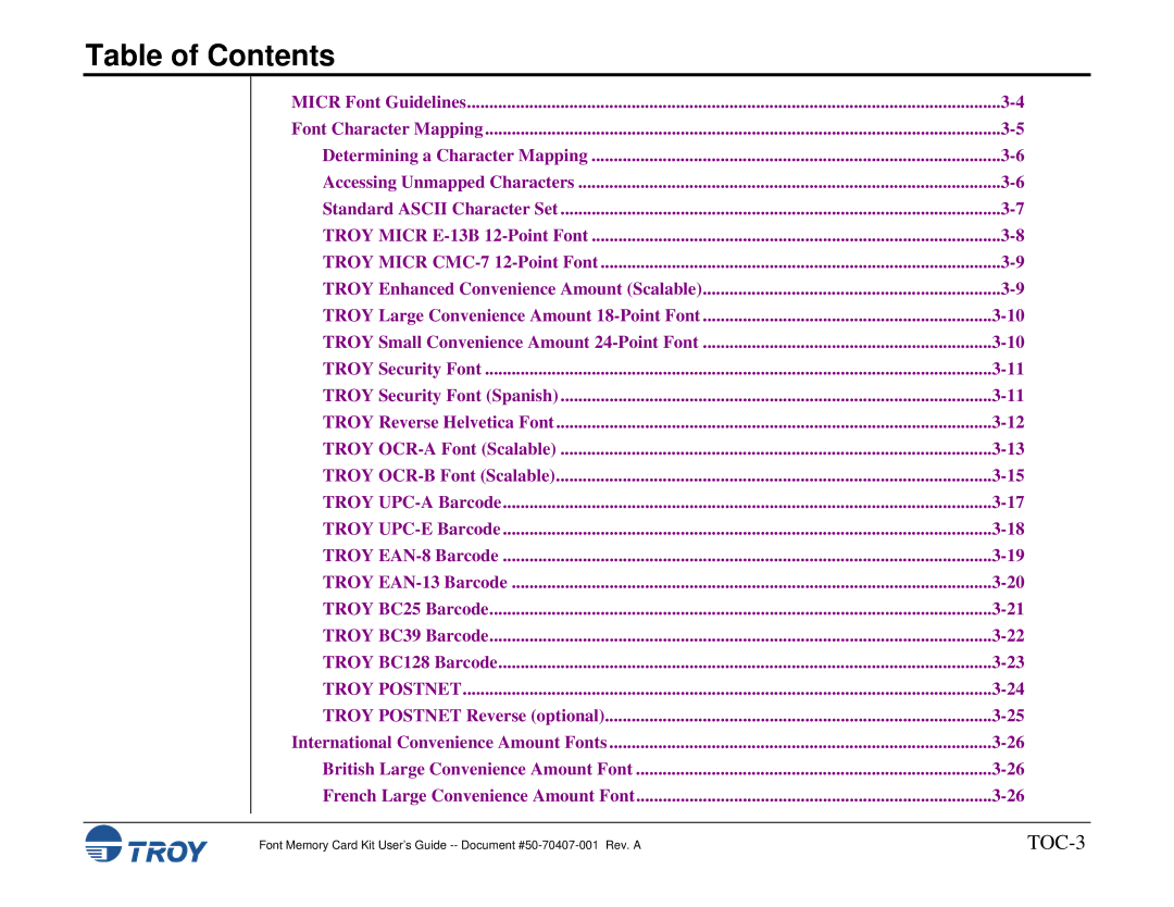 TROY Group Font Memory Card Kit manual TOC-3 