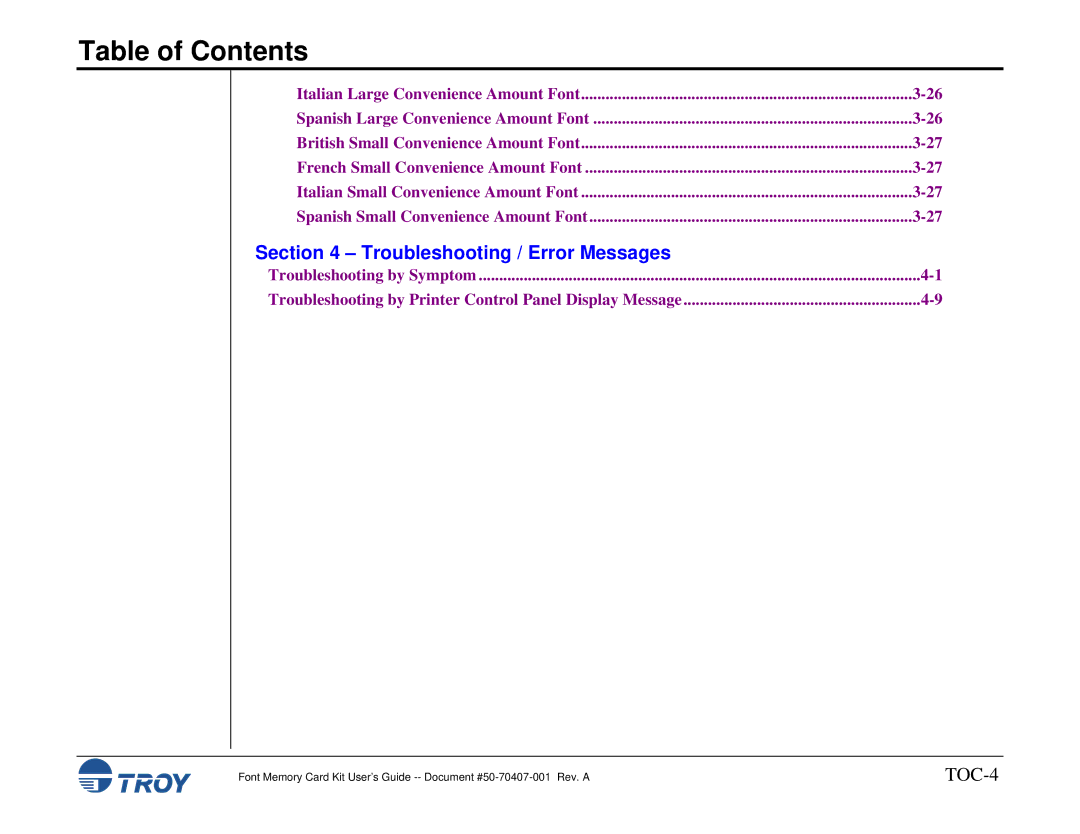 TROY Group Font Memory Card Kit manual Troubleshooting / Error Messages 