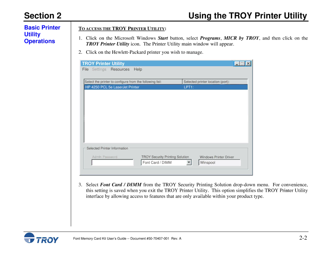 TROY Group Font Memory Card Kit manual Basic Printer Utility Operations, Troy Printer Utility 