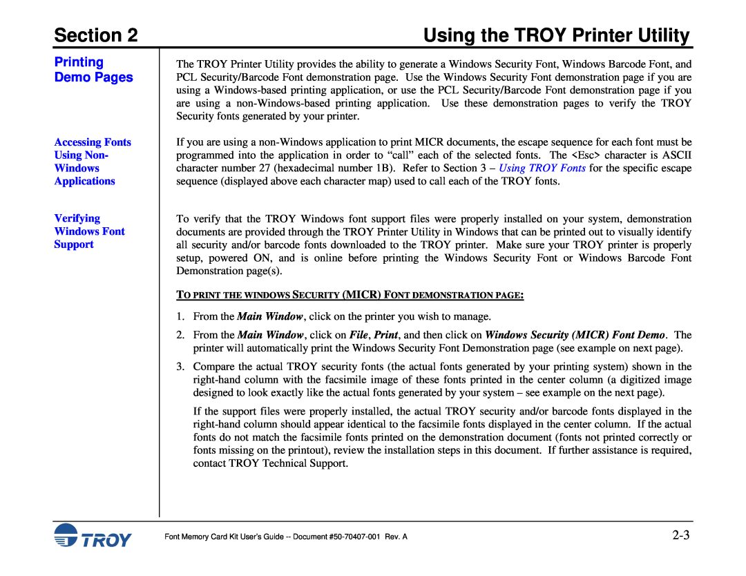 TROY Group Font Memory Card Kit Printing Demo Pages, Accessing Fonts Using Non Windows Applications Verifying Windows Font 