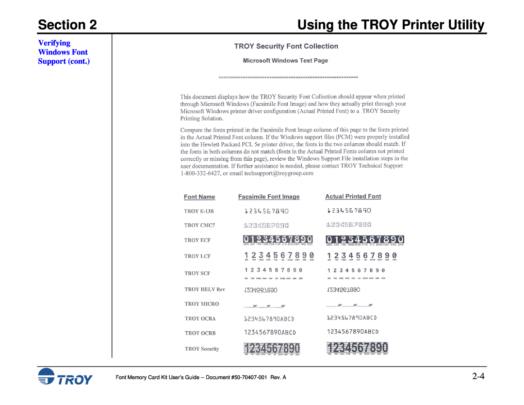 TROY Group Font Memory Card Kit manual Verifying Windows Font Support cont, Section, Using the TROY Printer Utility 