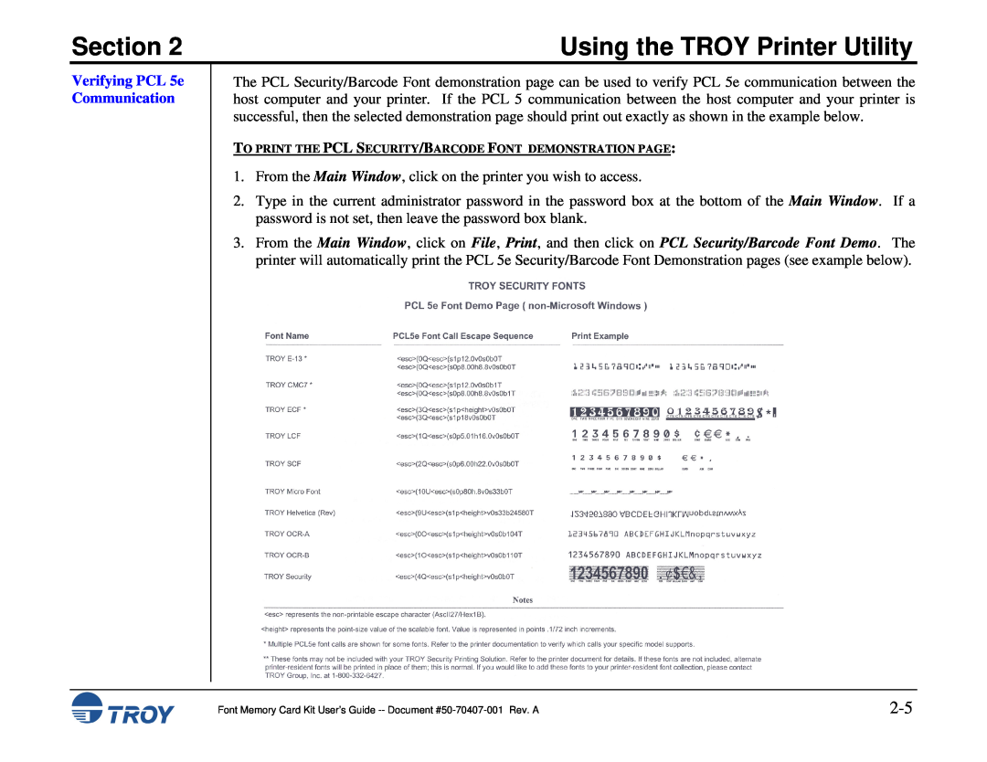 TROY Group Font Memory Card Kit manual Verifying PCL 5e Communication, Section, Using the TROY Printer Utility 