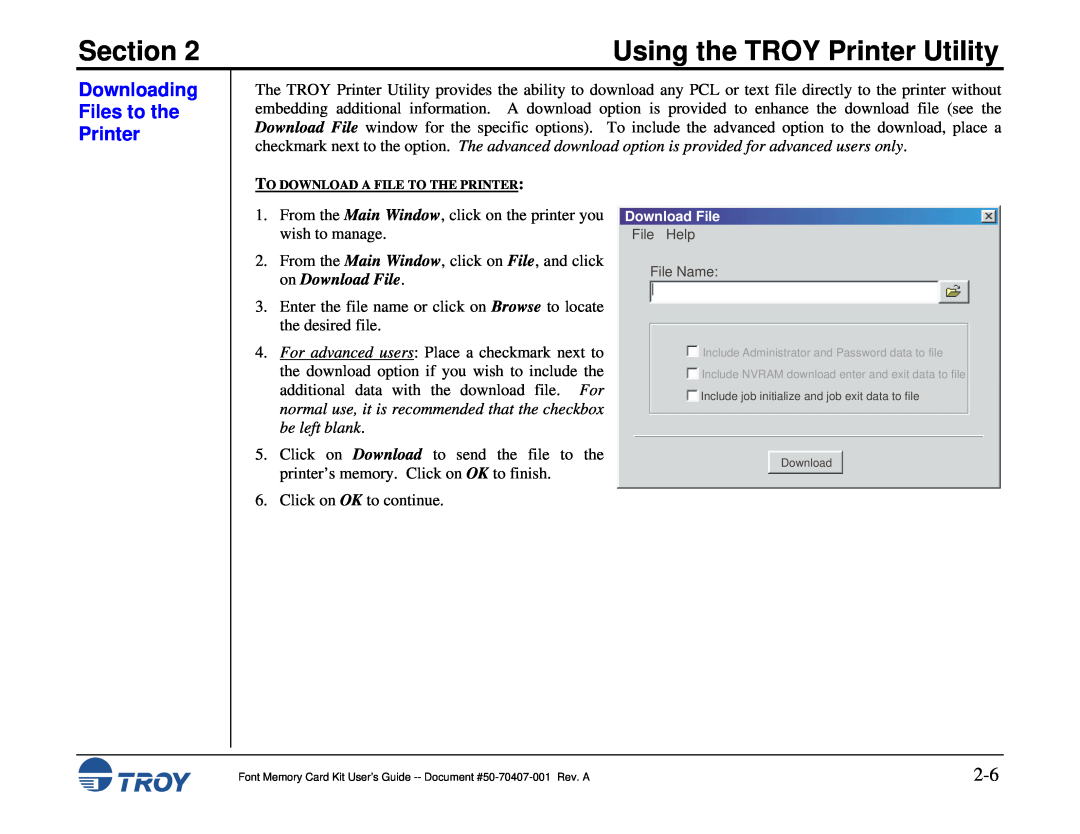 TROY Group Font Memory Card Kit Downloading Files to the Printer, Section, Using the TROY Printer Utility, Download File 