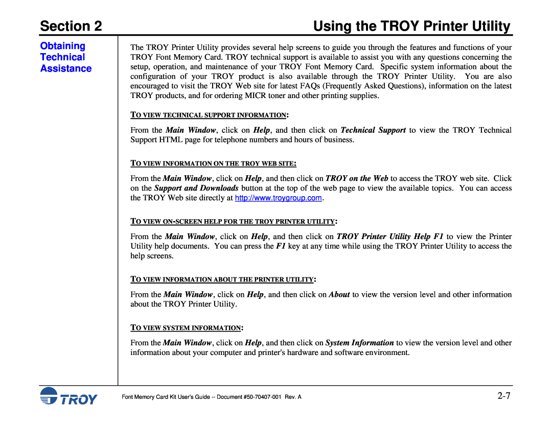 TROY Group Font Memory Card Kit manual Obtaining Technical Assistance, Section, Using the TROY Printer Utility 