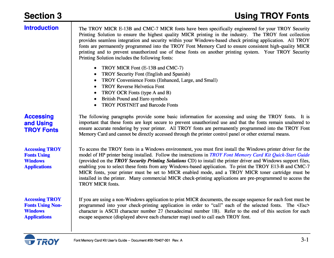TROY Group Font Memory Card Kit Introduction Accessing and Using TROY Fonts, Fonts Using Non Windows Applications 