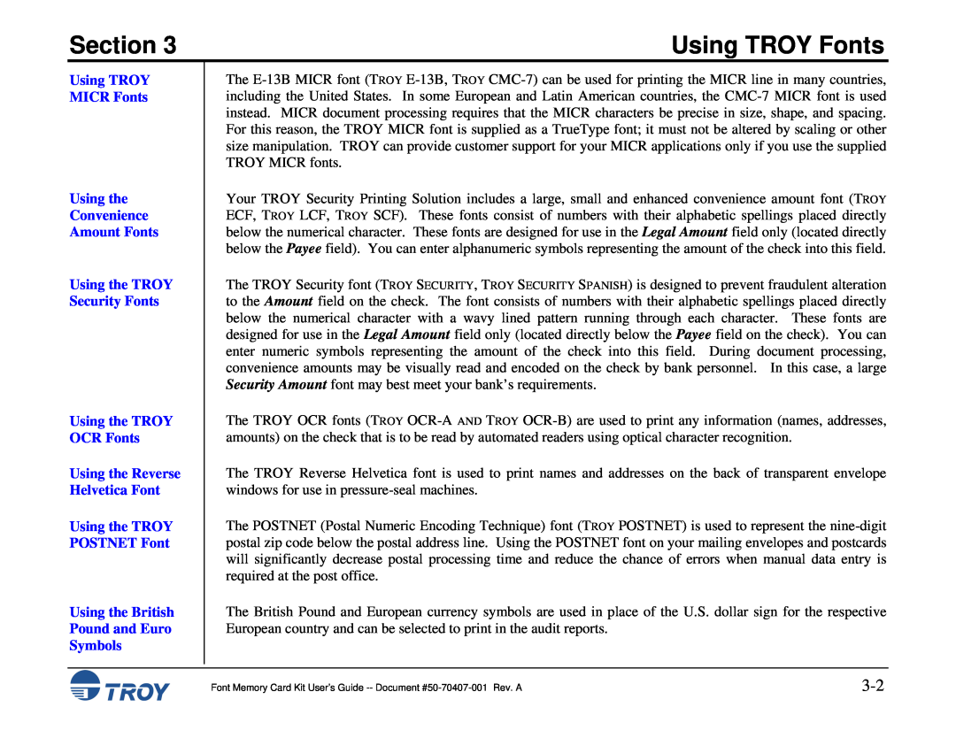 TROY Group Font Memory Card Kit manual Using TROY MICR Fonts Using the Convenience Amount Fonts, Section, Using TROY Fonts 