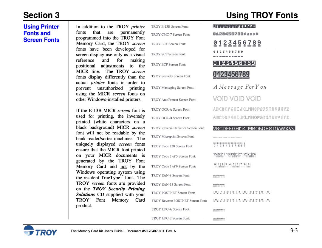 TROY Group Font Memory Card Kit manual Using Printer Fonts and Screen Fonts, Section, Using TROY Fonts 