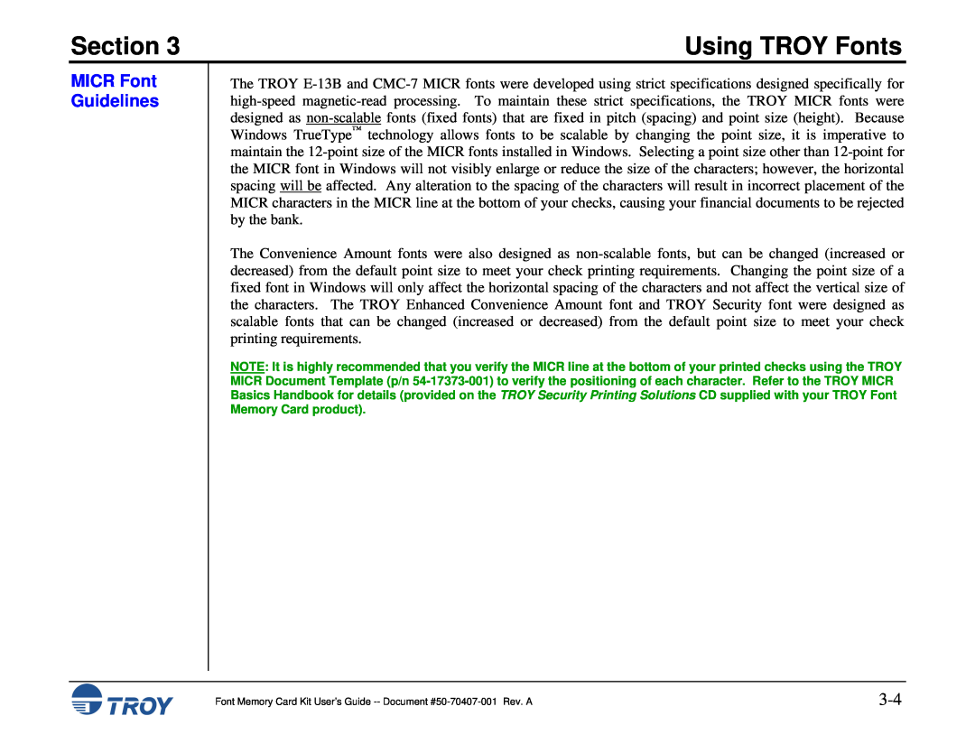 TROY Group Font Memory Card Kit manual MICR Font Guidelines, Section, Using TROY Fonts 