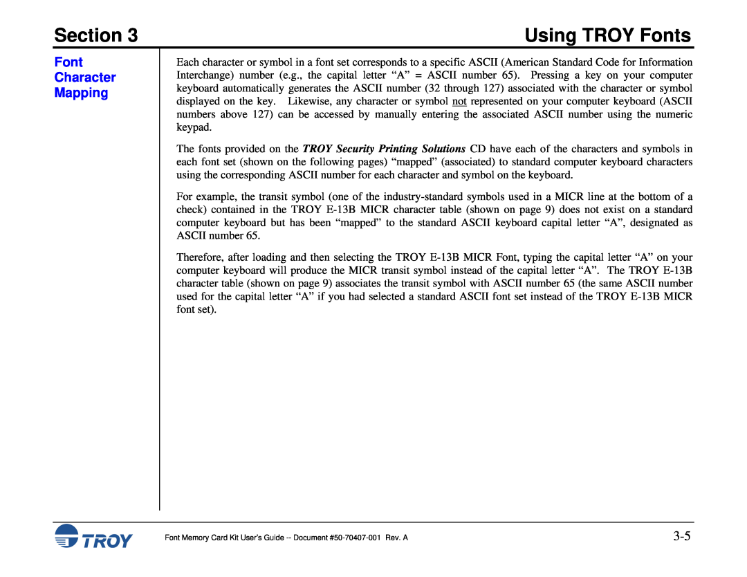 TROY Group Font Memory Card Kit manual Font Character Mapping, Section, Using TROY Fonts 
