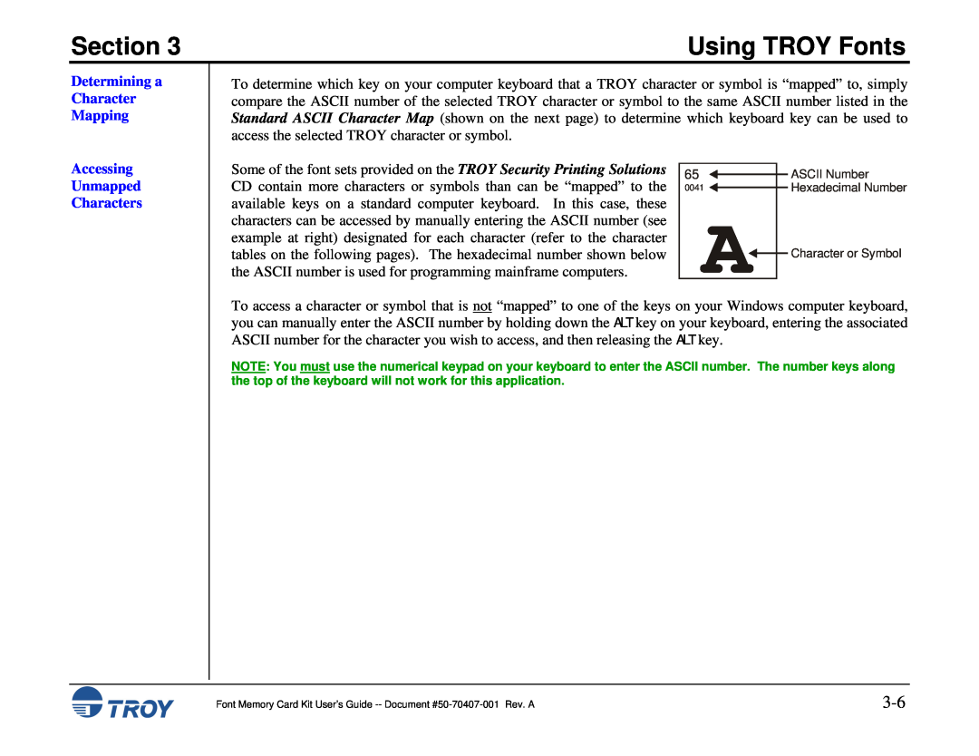 TROY Group Font Memory Card Kit Determining a Character Mapping, Accessing Unmapped Characters, Section, Using TROY Fonts 