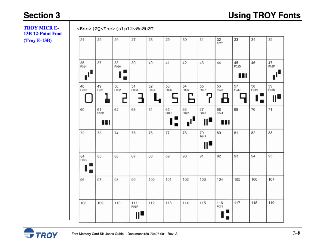 TROY Group Font Memory Card Kit TROY MICR E 13B 12-Point Font Troy E-13B, Section, Using TROY Fonts, EscØQEscs1p12vØsØbØT 