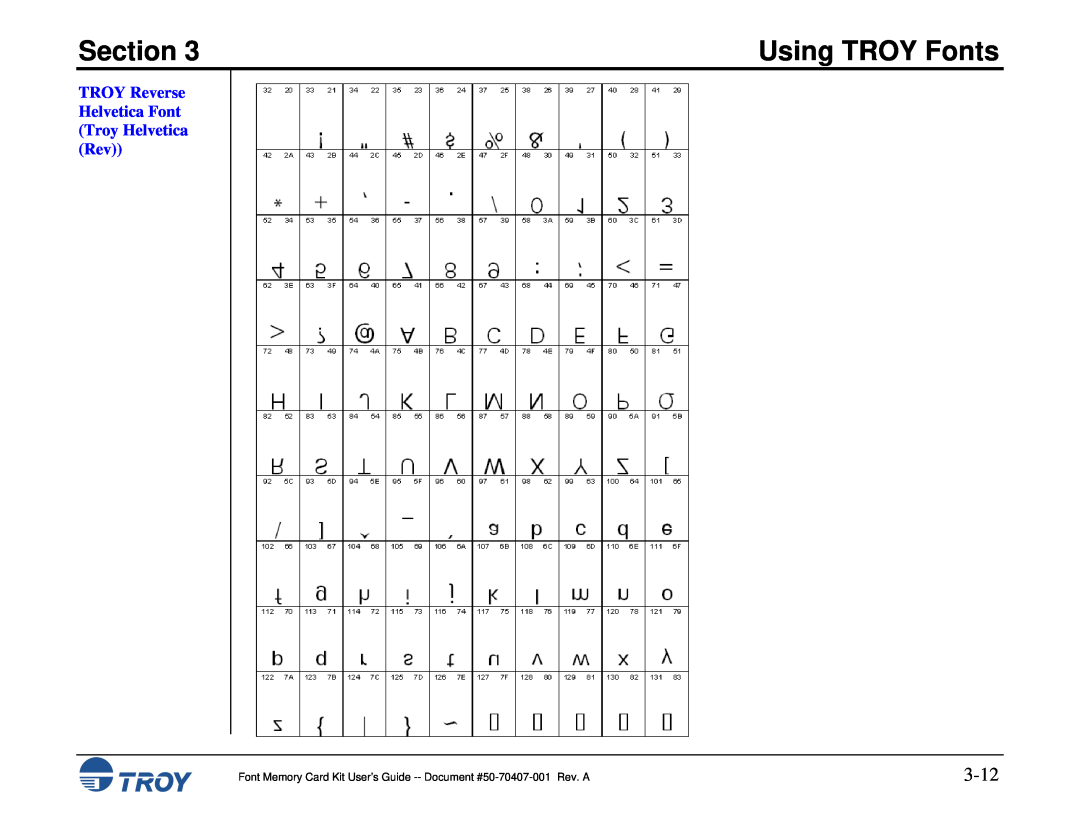 TROY Group Font Memory Card Kit manual 3-12, TROY Reverse Helvetica Font Troy Helvetica Rev, Section, Using TROY Fonts 
