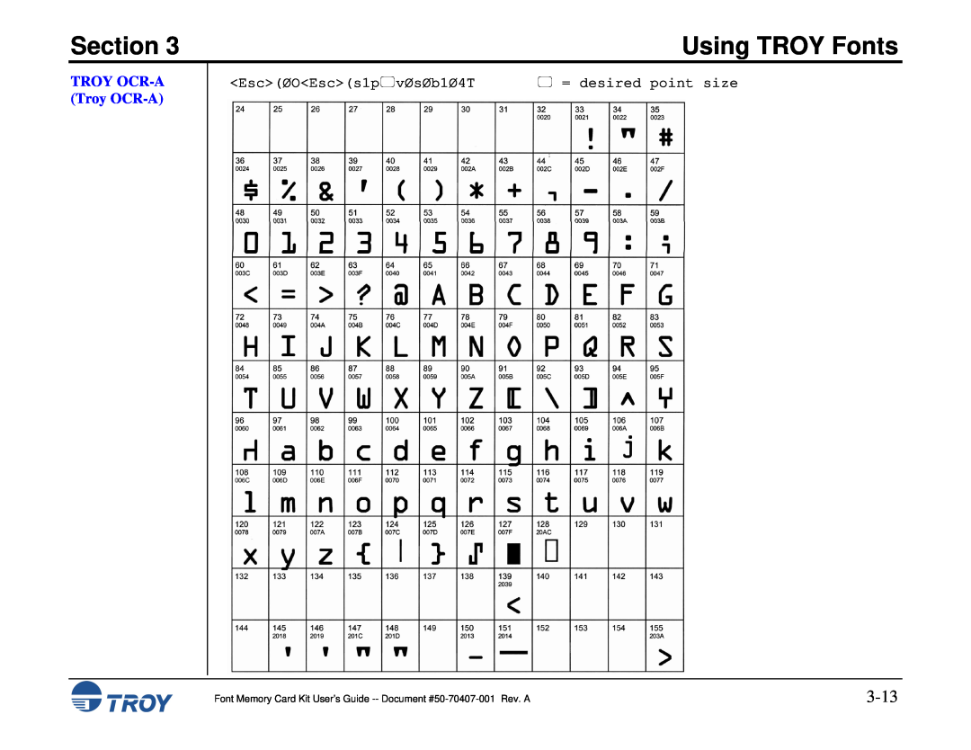 TROY Group Font Memory Card Kit manual 3-13, TROY OCR-A Troy OCR-A, Section, Using TROY Fonts,  = desired point size 