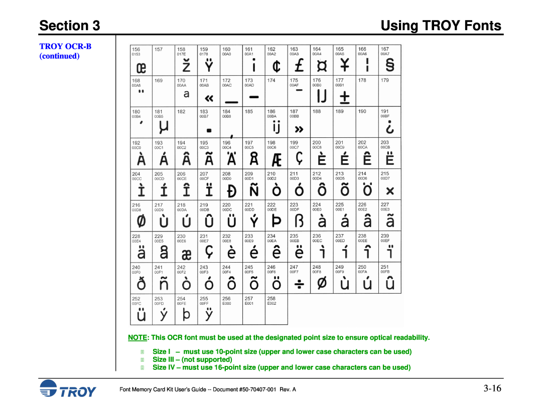 TROY Group Font Memory Card Kit manual 3-16, TROY OCR-B continued, Section, Using TROY Fonts, Size III - not supported 
