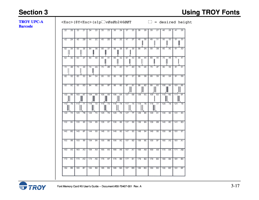 TROY Group Font Memory Card Kit manual 3-17, TROY UPC-A Barcode, Section, Using TROY Fonts,  = desired height 