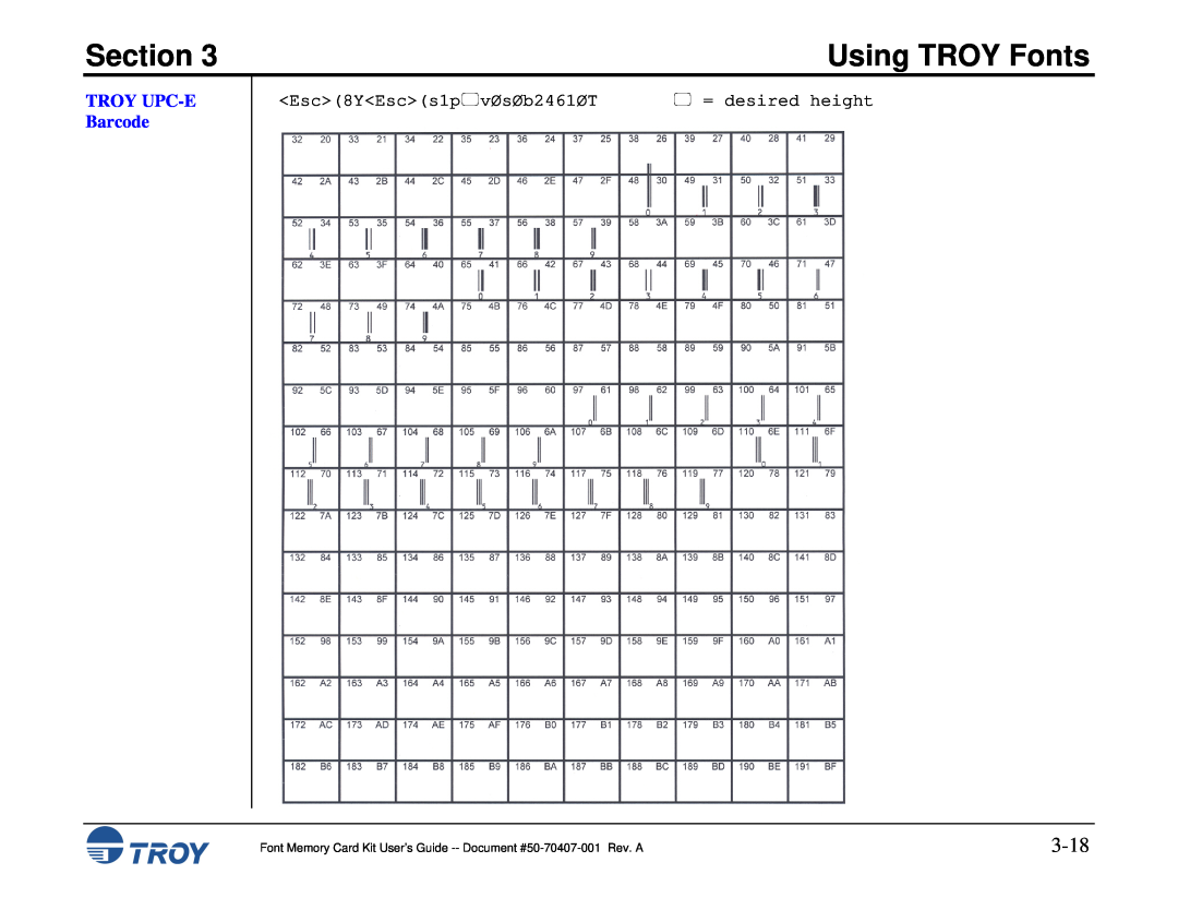 TROY Group Font Memory Card Kit manual 3-18, TROY UPC-E Barcode, Section, Using TROY Fonts,  = desired height 