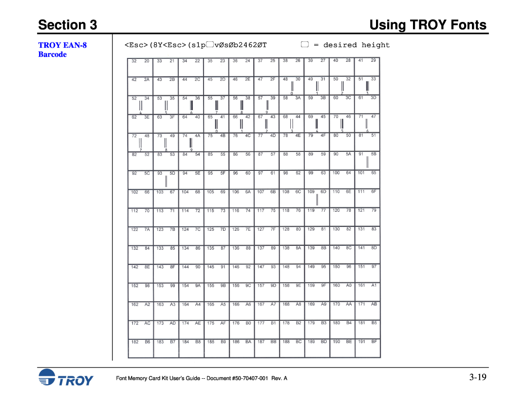 TROY Group Font Memory Card Kit manual 3-19, TROY EAN-8 Barcode, Section, Using TROY Fonts,  = desired height 