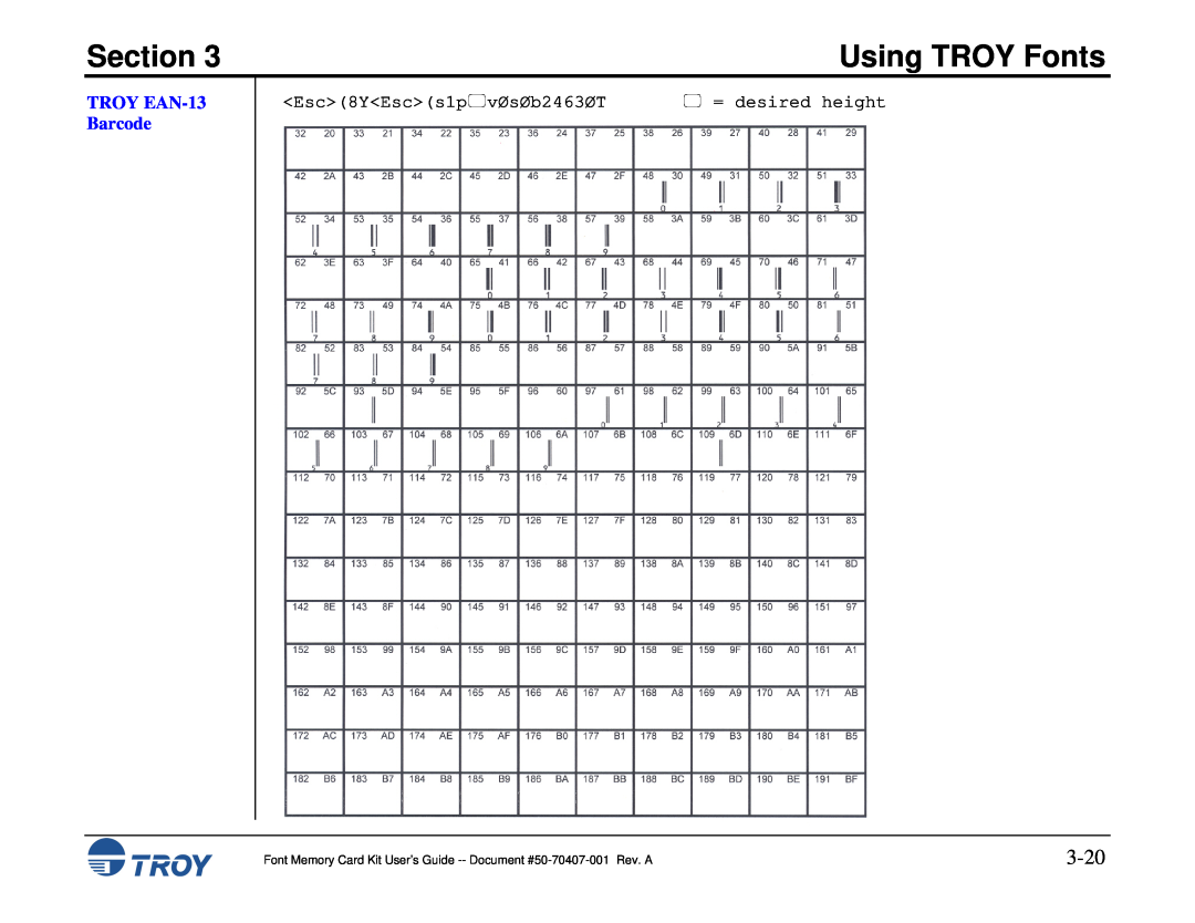 TROY Group Font Memory Card Kit manual 3-20, TROY EAN-13 Barcode, Section, Using TROY Fonts,  = desired height 