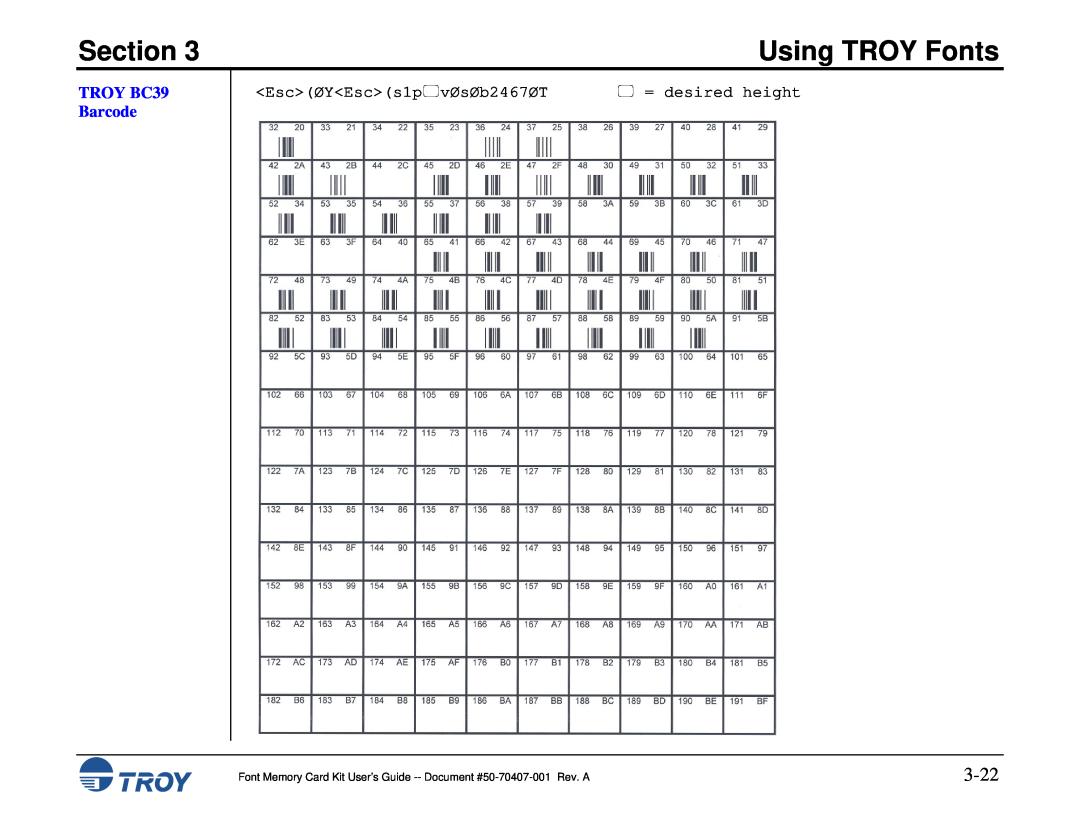 TROY Group Font Memory Card Kit manual 3-22, TROY BC39 Barcode, Section, Using TROY Fonts,  = desired height 