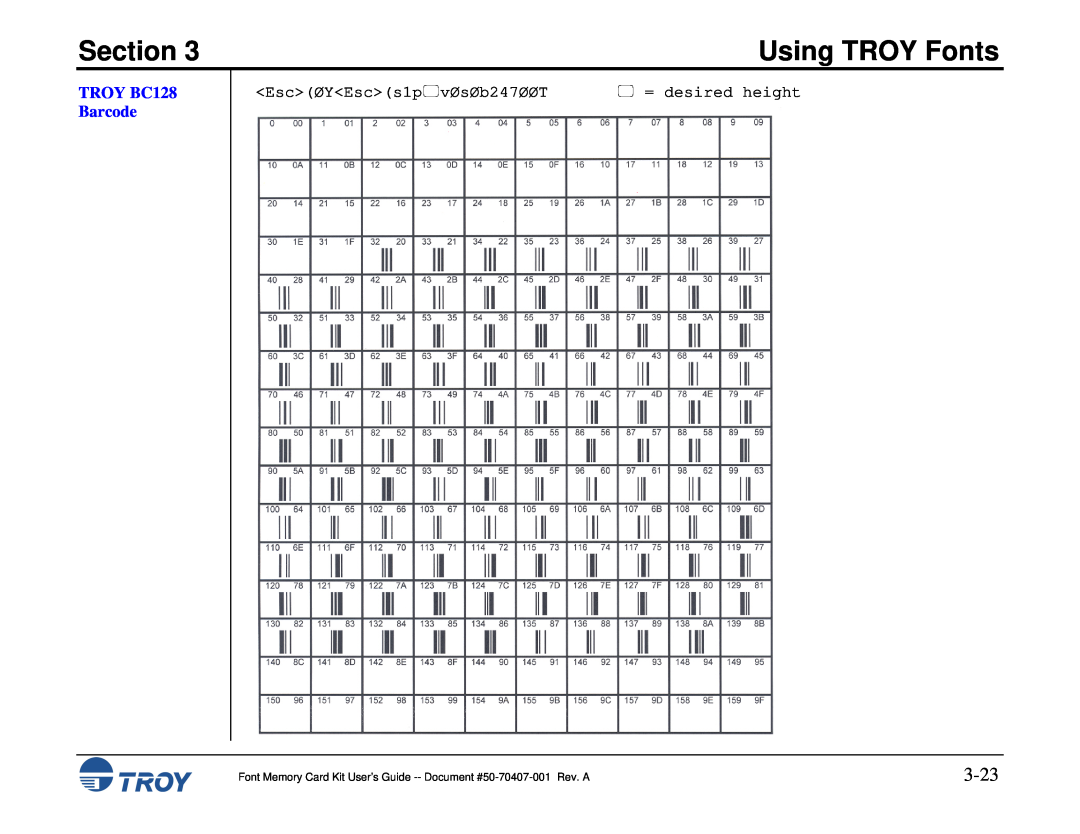 TROY Group Font Memory Card Kit manual 3-23, TROY BC128 Barcode, Section, Using TROY Fonts,  = desired height 