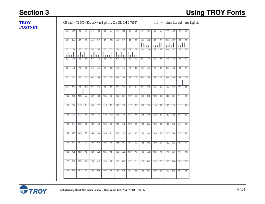 TROY Group Font Memory Card Kit manual 3-24, Troy Postnet, Section, Using TROY Fonts,  = desired height 