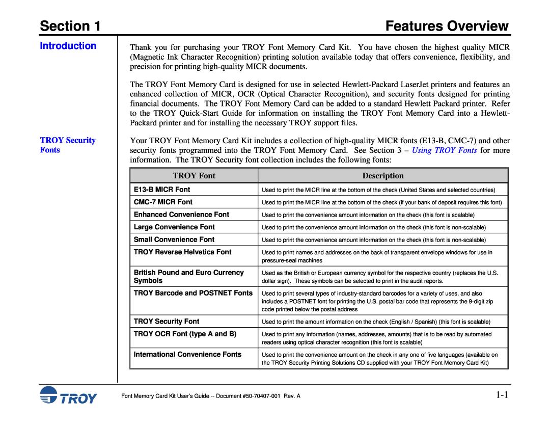 TROY Group Font Memory Card Kit Section, Features Overview, Introduction, TROY Security Fonts, TROY Font, Description 