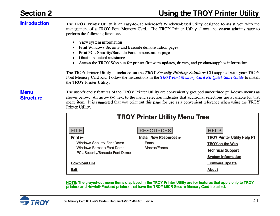 TROY Group Font Memory Card Kit Using the TROY Printer Utility, Introduction Menu Structure, Section, File, Resources 