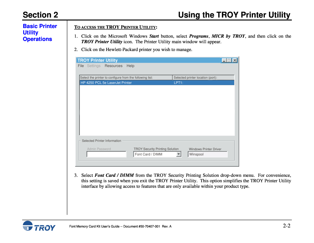 TROY Group Font Memory Card Kit manual Basic Printer Utility Operations, Section, Using the TROY Printer Utility 